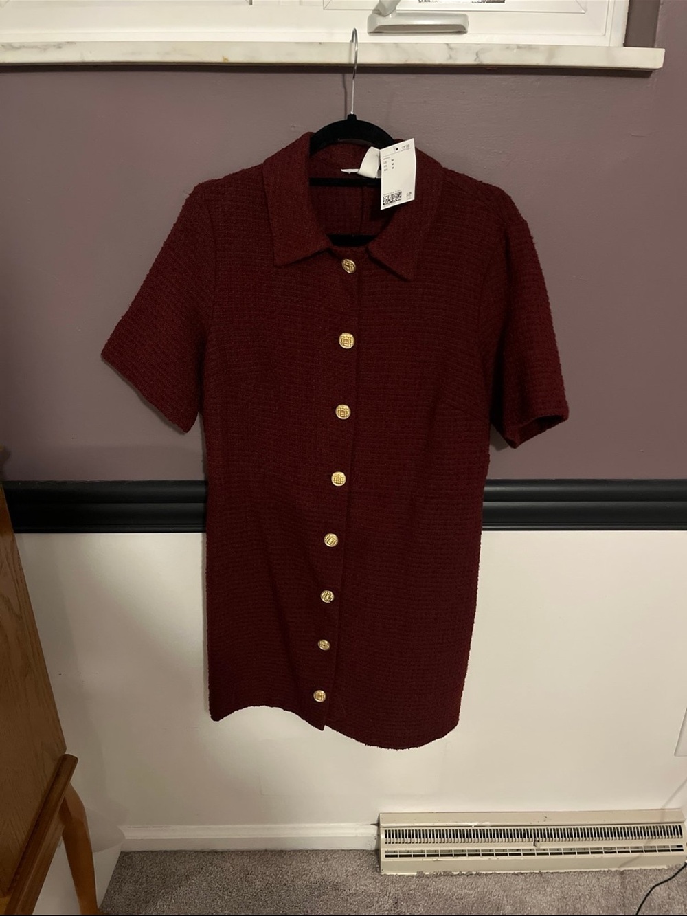 H&M Burgundy Short-Sleeve Button-Front Knit Dress